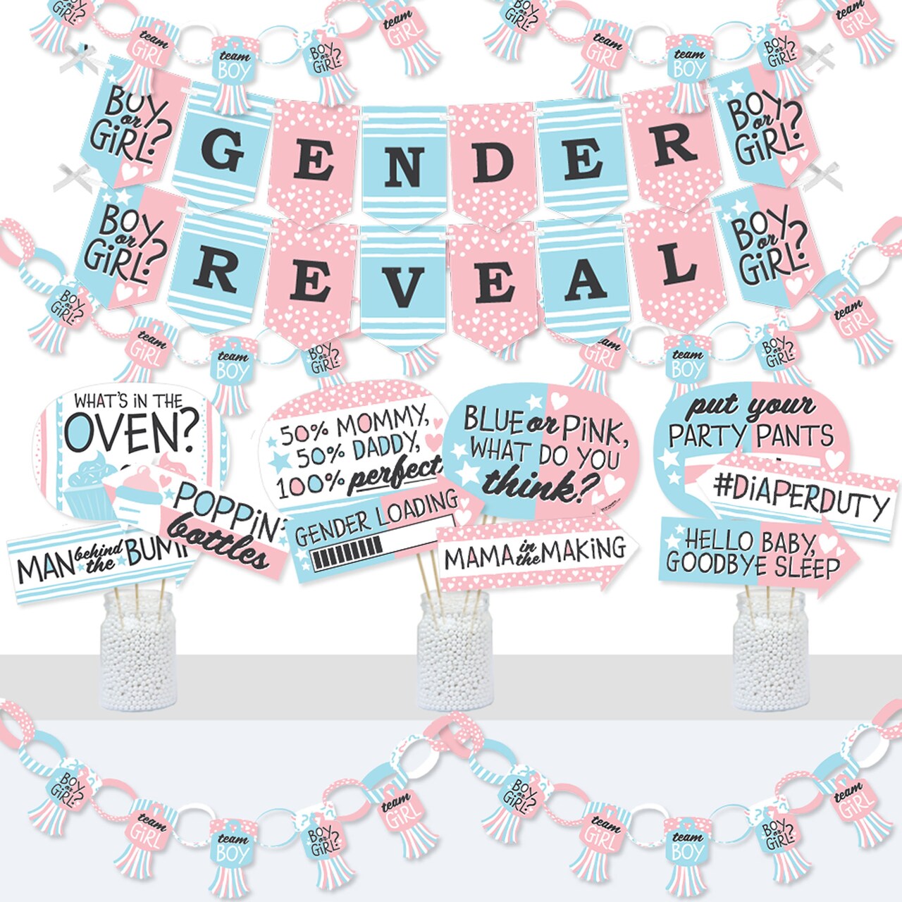Big Dot of Happiness Baby Gender Reveal - Banner and Photo Booth Decorations - Team Boy or Girl Party Supplies Kit - Doterrific Bundle